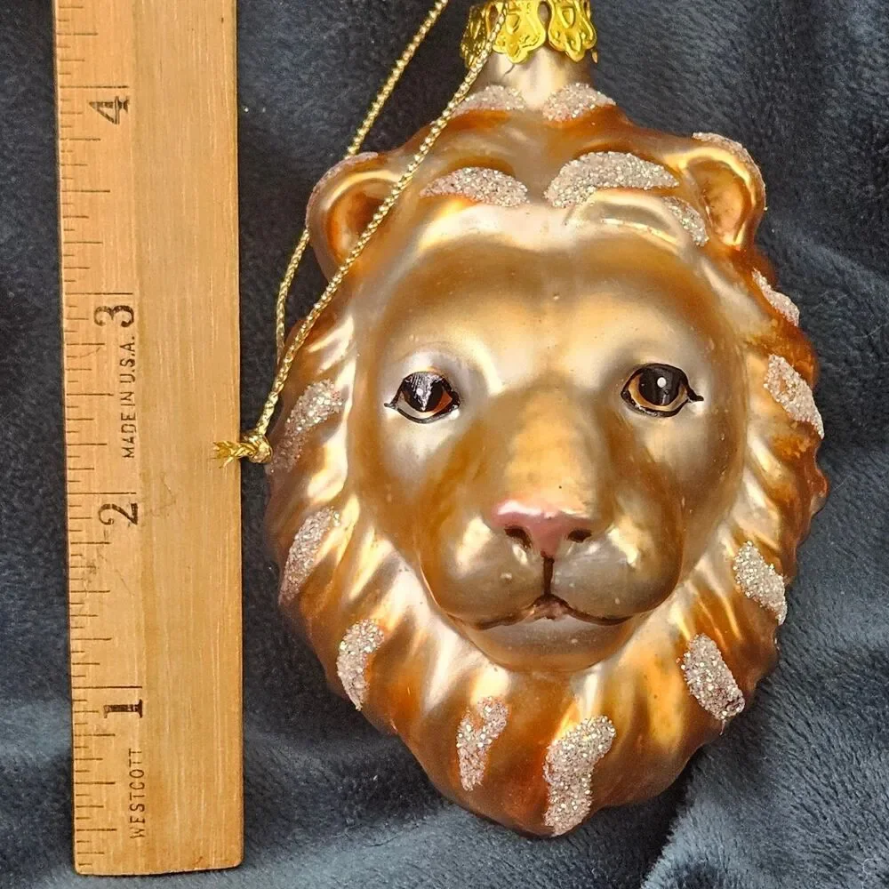 Majestic Lion Head Glass Christmas Ornament Glitter Gold Bronze Holiday Decor